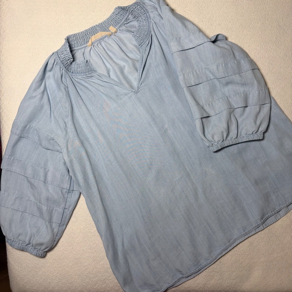 Soft Surroundings Blue Lyocell Chambray Ruffle Sleeve Blouse PL Petite Large